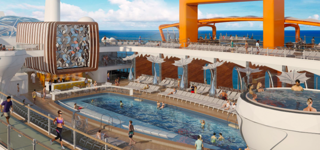 Vista de la piscina exterior del Celebrity Edge, el nuevo barco del Celebrity Cruises. Foto Celebrity
